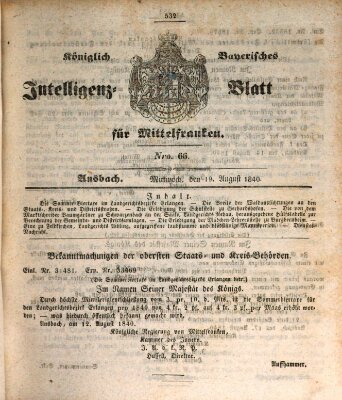 Königlich Bayerisches Intelligenzblatt für Mittelfranken (Ansbacher Intelligenz-Zeitung) Mittwoch 19. August 1840