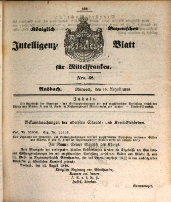 Königlich Bayerisches Intelligenzblatt für Mittelfranken (Ansbacher Intelligenz-Zeitung) Mittwoch 26. August 1840