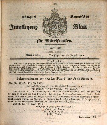 Königlich Bayerisches Intelligenzblatt für Mittelfranken (Ansbacher Intelligenz-Zeitung) Samstag 29. August 1840