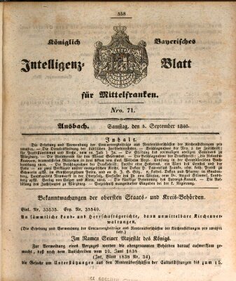 Königlich Bayerisches Intelligenzblatt für Mittelfranken (Ansbacher Intelligenz-Zeitung) Dienstag 8. September 1840