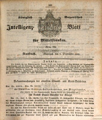 Königlich Bayerisches Intelligenzblatt für Mittelfranken (Ansbacher Intelligenz-Zeitung) Mittwoch 9. September 1840