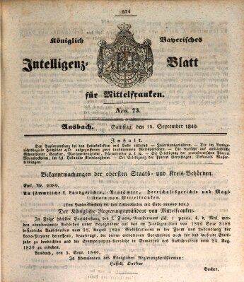 Königlich Bayerisches Intelligenzblatt für Mittelfranken (Ansbacher Intelligenz-Zeitung) Samstag 12. September 1840