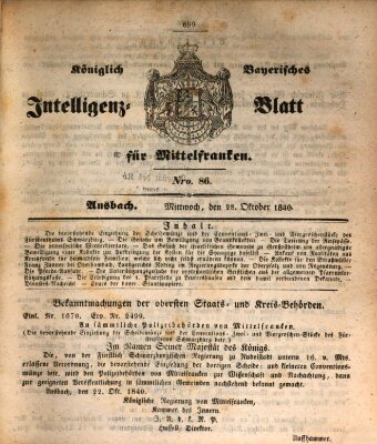 Königlich Bayerisches Intelligenzblatt für Mittelfranken (Ansbacher Intelligenz-Zeitung) Mittwoch 28. Oktober 1840