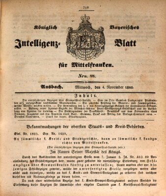 Königlich Bayerisches Intelligenzblatt für Mittelfranken (Ansbacher Intelligenz-Zeitung) Mittwoch 4. November 1840