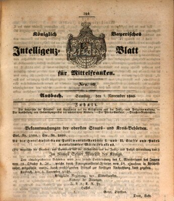 Königlich Bayerisches Intelligenzblatt für Mittelfranken (Ansbacher Intelligenz-Zeitung) Samstag 7. November 1840