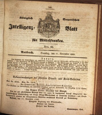 Königlich Bayerisches Intelligenzblatt für Mittelfranken (Ansbacher Intelligenz-Zeitung) Samstag 21. November 1840