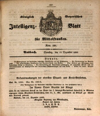 Königlich Bayerisches Intelligenzblatt für Mittelfranken (Ansbacher Intelligenz-Zeitung) Samstag 19. Dezember 1840