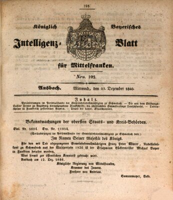 Königlich Bayerisches Intelligenzblatt für Mittelfranken (Ansbacher Intelligenz-Zeitung) Mittwoch 23. Dezember 1840