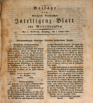 Königlich Bayerisches Intelligenzblatt für Mittelfranken (Ansbacher Intelligenz-Zeitung) Samstag 4. Januar 1840