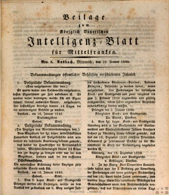 Königlich Bayerisches Intelligenzblatt für Mittelfranken (Ansbacher Intelligenz-Zeitung) Mittwoch 22. Januar 1840