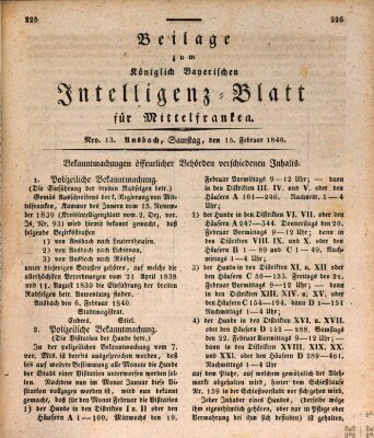 Königlich Bayerisches Intelligenzblatt für Mittelfranken (Ansbacher Intelligenz-Zeitung) Samstag 15. Februar 1840