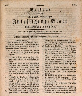 Königlich Bayerisches Intelligenzblatt für Mittelfranken (Ansbacher Intelligenz-Zeitung) Mittwoch 19. Februar 1840