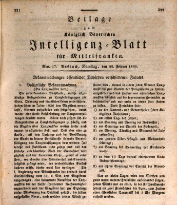 Königlich Bayerisches Intelligenzblatt für Mittelfranken (Ansbacher Intelligenz-Zeitung) Samstag 29. Februar 1840