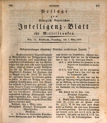 Königlich Bayerisches Intelligenzblatt für Mittelfranken (Ansbacher Intelligenz-Zeitung) Samstag 7. März 1840