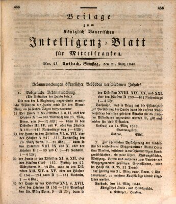 Königlich Bayerisches Intelligenzblatt für Mittelfranken (Ansbacher Intelligenz-Zeitung) Samstag 21. März 1840