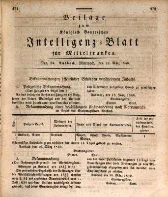 Königlich Bayerisches Intelligenzblatt für Mittelfranken (Ansbacher Intelligenz-Zeitung) Mittwoch 25. März 1840