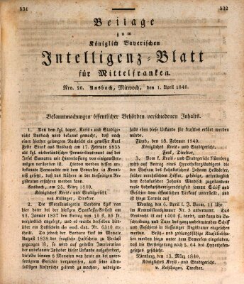 Königlich Bayerisches Intelligenzblatt für Mittelfranken (Ansbacher Intelligenz-Zeitung) Mittwoch 1. April 1840