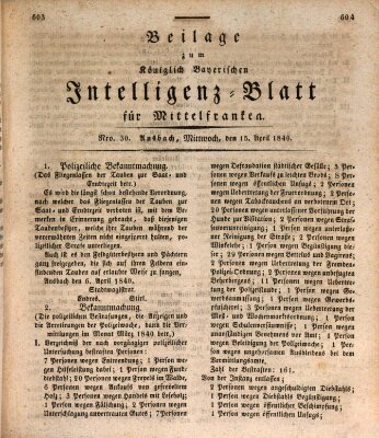 Königlich Bayerisches Intelligenzblatt für Mittelfranken (Ansbacher Intelligenz-Zeitung) Mittwoch 15. April 1840