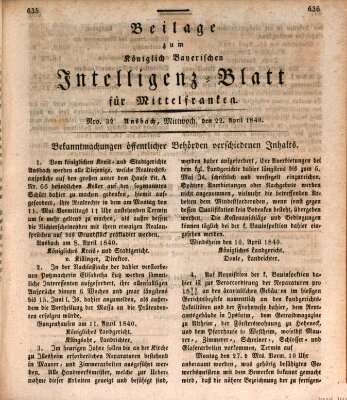 Königlich Bayerisches Intelligenzblatt für Mittelfranken (Ansbacher Intelligenz-Zeitung) Mittwoch 22. April 1840