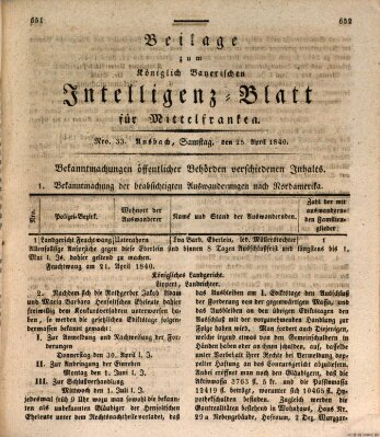 Königlich Bayerisches Intelligenzblatt für Mittelfranken (Ansbacher Intelligenz-Zeitung) Samstag 25. April 1840