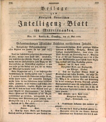 Königlich Bayerisches Intelligenzblatt für Mittelfranken (Ansbacher Intelligenz-Zeitung) Samstag 16. Mai 1840