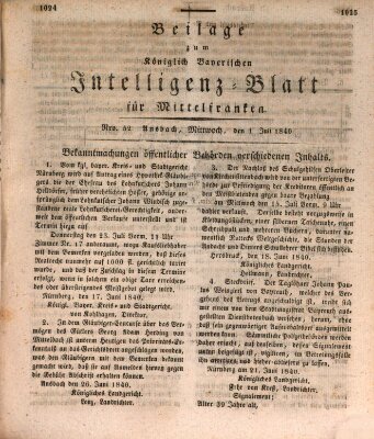 Königlich Bayerisches Intelligenzblatt für Mittelfranken (Ansbacher Intelligenz-Zeitung) Mittwoch 1. Juli 1840