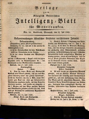 Königlich Bayerisches Intelligenzblatt für Mittelfranken (Ansbacher Intelligenz-Zeitung) Mittwoch 22. Juli 1840