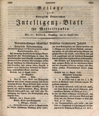 Königlich Bayerisches Intelligenzblatt für Mittelfranken (Ansbacher Intelligenz-Zeitung) Samstag 22. August 1840