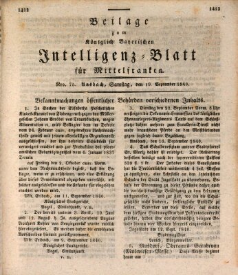 Königlich Bayerisches Intelligenzblatt für Mittelfranken (Ansbacher Intelligenz-Zeitung) Samstag 19. September 1840