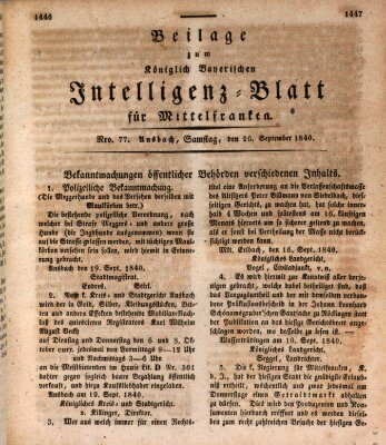 Königlich Bayerisches Intelligenzblatt für Mittelfranken (Ansbacher Intelligenz-Zeitung) Samstag 26. September 1840