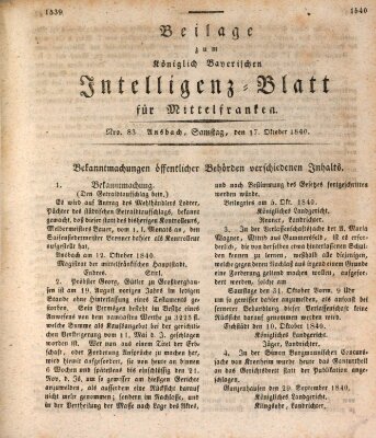 Königlich Bayerisches Intelligenzblatt für Mittelfranken (Ansbacher Intelligenz-Zeitung) Samstag 17. Oktober 1840