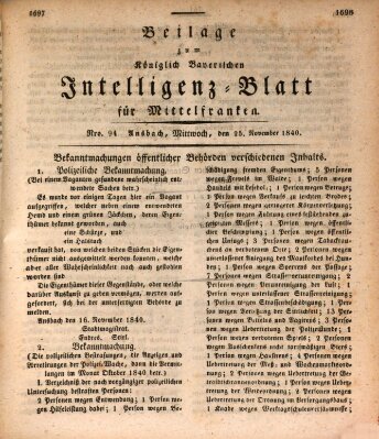 Königlich Bayerisches Intelligenzblatt für Mittelfranken (Ansbacher Intelligenz-Zeitung) Mittwoch 25. November 1840