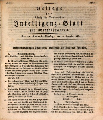 Königlich Bayerisches Intelligenzblatt für Mittelfranken (Ansbacher Intelligenz-Zeitung) Samstag 28. November 1840