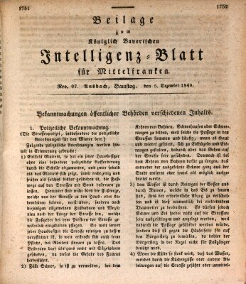 Königlich Bayerisches Intelligenzblatt für Mittelfranken (Ansbacher Intelligenz-Zeitung) Samstag 5. Dezember 1840