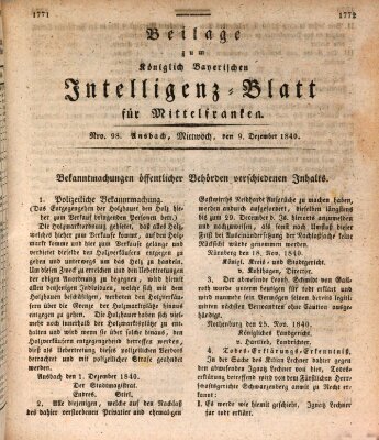 Königlich Bayerisches Intelligenzblatt für Mittelfranken (Ansbacher Intelligenz-Zeitung) Mittwoch 9. Dezember 1840