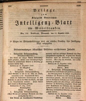 Königlich Bayerisches Intelligenzblatt für Mittelfranken (Ansbacher Intelligenz-Zeitung) Mittwoch 23. Dezember 1840