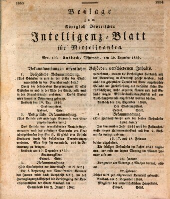 Königlich Bayerisches Intelligenzblatt für Mittelfranken (Ansbacher Intelligenz-Zeitung) Mittwoch 30. Dezember 1840