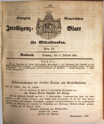 Königlich Bayerisches Intelligenzblatt für Mittelfranken (Ansbacher Intelligenz-Zeitung) Samstag 27. Februar 1841