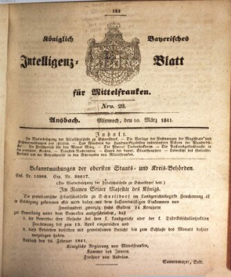 Königlich Bayerisches Intelligenzblatt für Mittelfranken (Ansbacher Intelligenz-Zeitung) Mittwoch 10. März 1841