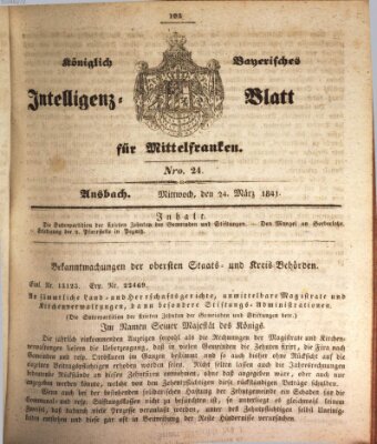 Königlich Bayerisches Intelligenzblatt für Mittelfranken (Ansbacher Intelligenz-Zeitung) Mittwoch 24. März 1841