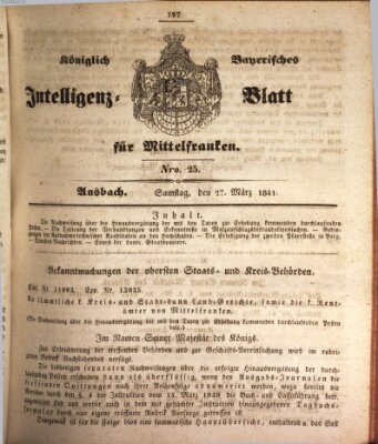 Königlich Bayerisches Intelligenzblatt für Mittelfranken (Ansbacher Intelligenz-Zeitung) Samstag 27. März 1841