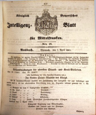 Königlich Bayerisches Intelligenzblatt für Mittelfranken (Ansbacher Intelligenz-Zeitung) Wednesday 7. April 1841