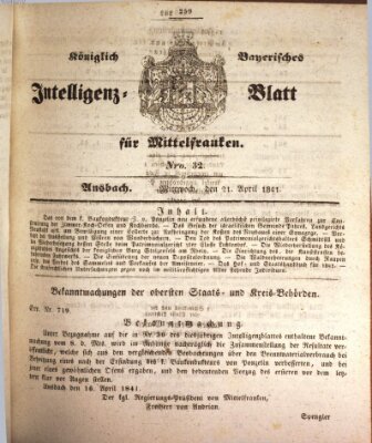 Königlich Bayerisches Intelligenzblatt für Mittelfranken (Ansbacher Intelligenz-Zeitung) Mittwoch 21. April 1841