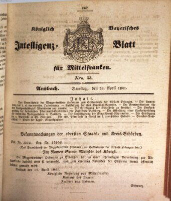 Königlich Bayerisches Intelligenzblatt für Mittelfranken (Ansbacher Intelligenz-Zeitung) Samstag 24. April 1841