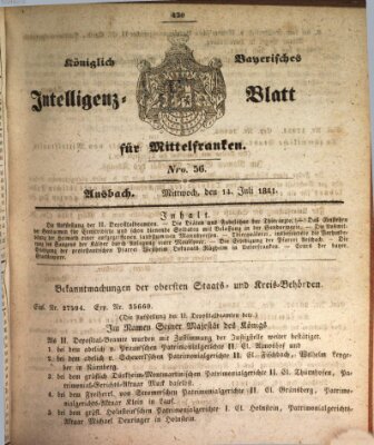 Königlich Bayerisches Intelligenzblatt für Mittelfranken (Ansbacher Intelligenz-Zeitung) Mittwoch 14. Juli 1841