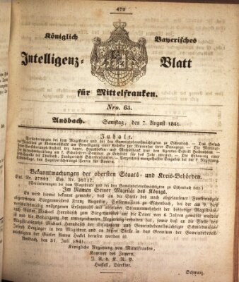 Königlich Bayerisches Intelligenzblatt für Mittelfranken (Ansbacher Intelligenz-Zeitung) Samstag 7. August 1841