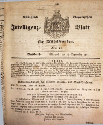 Königlich Bayerisches Intelligenzblatt für Mittelfranken (Ansbacher Intelligenz-Zeitung) Mittwoch 15. September 1841