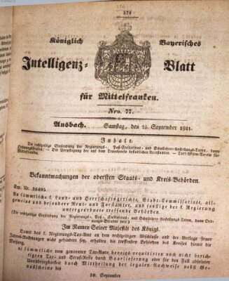 Königlich Bayerisches Intelligenzblatt für Mittelfranken (Ansbacher Intelligenz-Zeitung) Samstag 25. September 1841