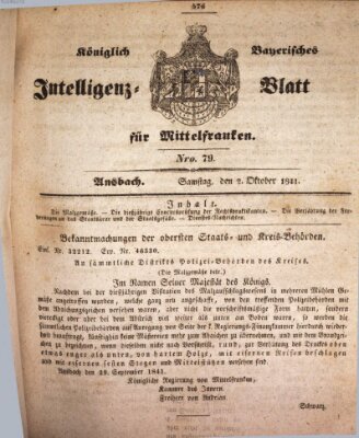 Königlich Bayerisches Intelligenzblatt für Mittelfranken (Ansbacher Intelligenz-Zeitung) Samstag 2. Oktober 1841