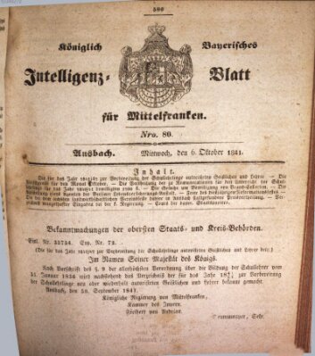 Königlich Bayerisches Intelligenzblatt für Mittelfranken (Ansbacher Intelligenz-Zeitung) Mittwoch 6. Oktober 1841